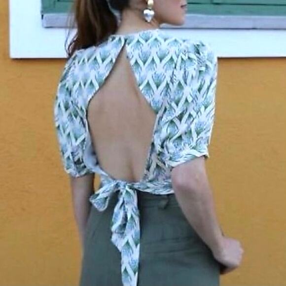 Zara Open Back Crop Top Small Floral Puff Sleeves Cottage Boho Preppy Vacation - Picture 1 of 15
